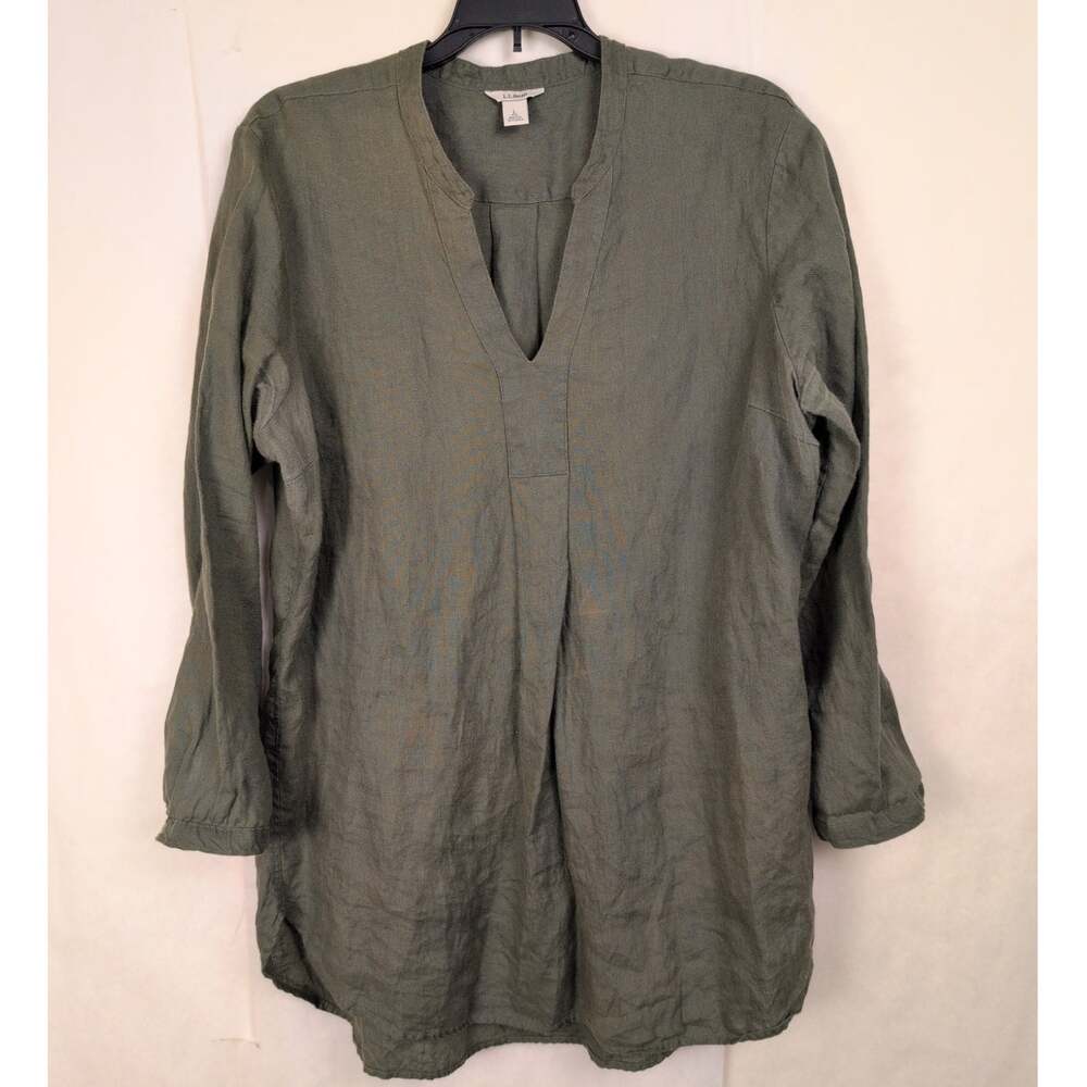 L.L. Bean green linen tunic top Size Large Organic Sustainable Granola Boho